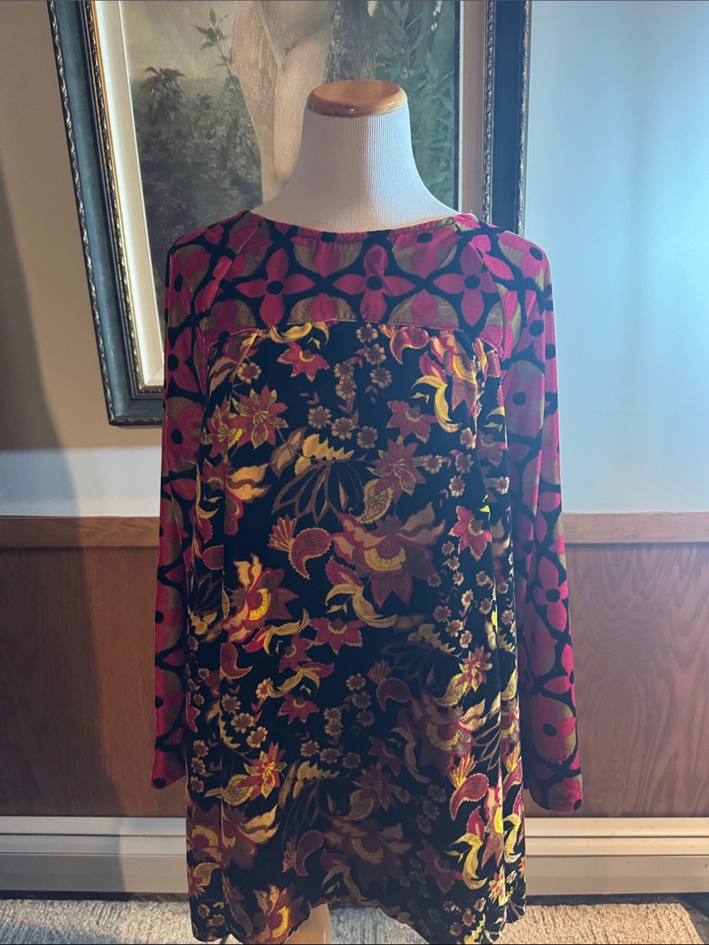 Free People Black Floral Velvet Tunic with Burgundy and Gold Accents